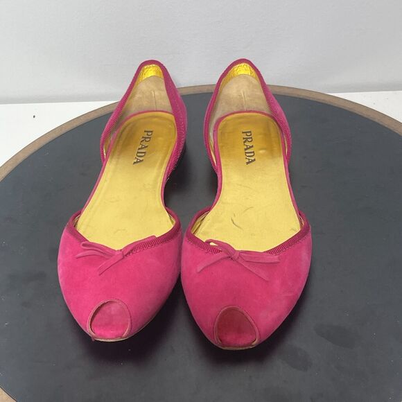Prada Peep Toe Ballet Flats Women US 7.5 Pink Suede Bow Made in Italy 37.5 - Picture 3 of 11